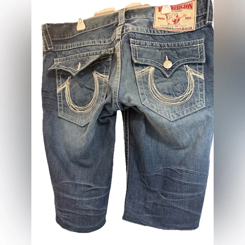True Religion Jeans Shorts Men’s Sz 36 Flap Pockets Made In USA Distressed *Flaw